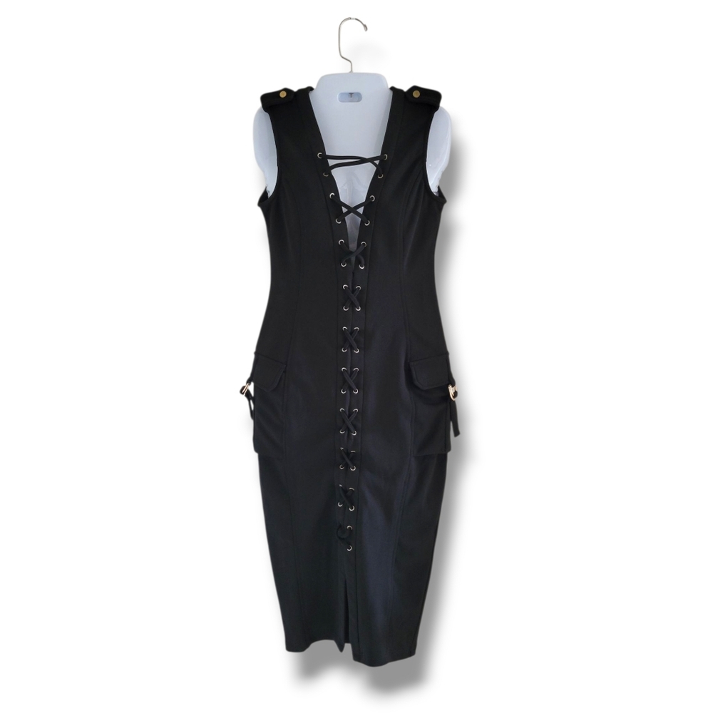 JLUXLABEL | Elegant Sexy Black Sleeveless Lace-Up Midi Sheath Dress (SIZE M)